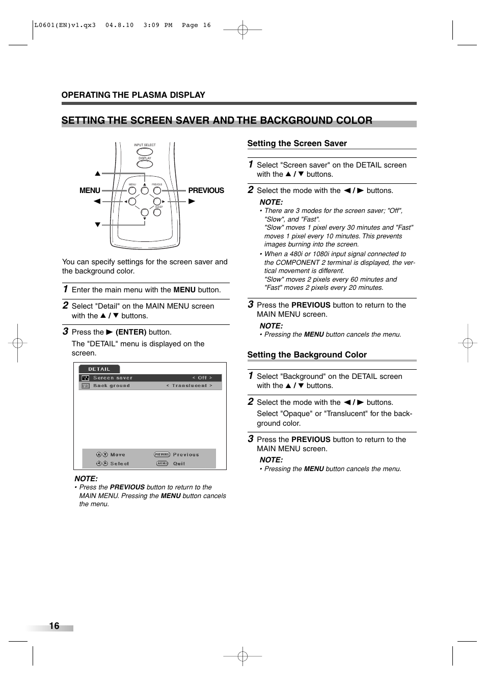 Setting the screen saver and the background color | FUNAI 6842PE User Manual | Page 16 / 28