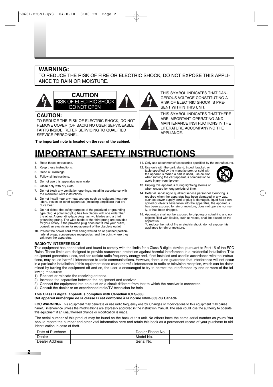 Important safety instructions, Warning, Caution | 2caution, Risk of electric shock do not open | FUNAI 6842PE User Manual | Page 2 / 28