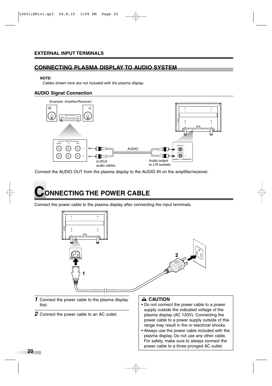 Onnecting the power cable, Connecting plasma display to audio system | FUNAI 6842PE User Manual | Page 20 / 28