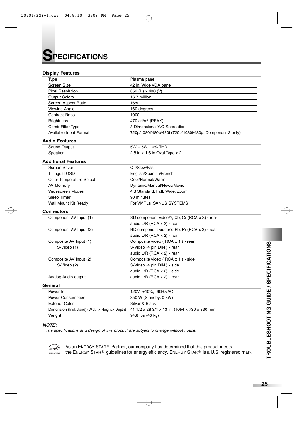 Pecifications | FUNAI 6842PE User Manual | Page 25 / 28