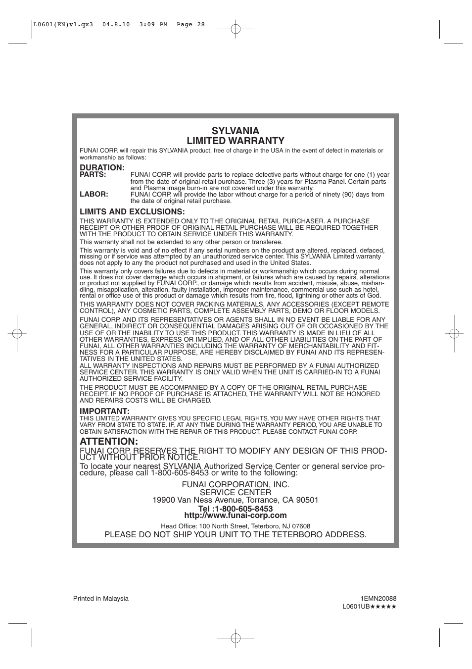 Sylvania limited warranty, Attention | FUNAI 6842PE User Manual | Page 28 / 28