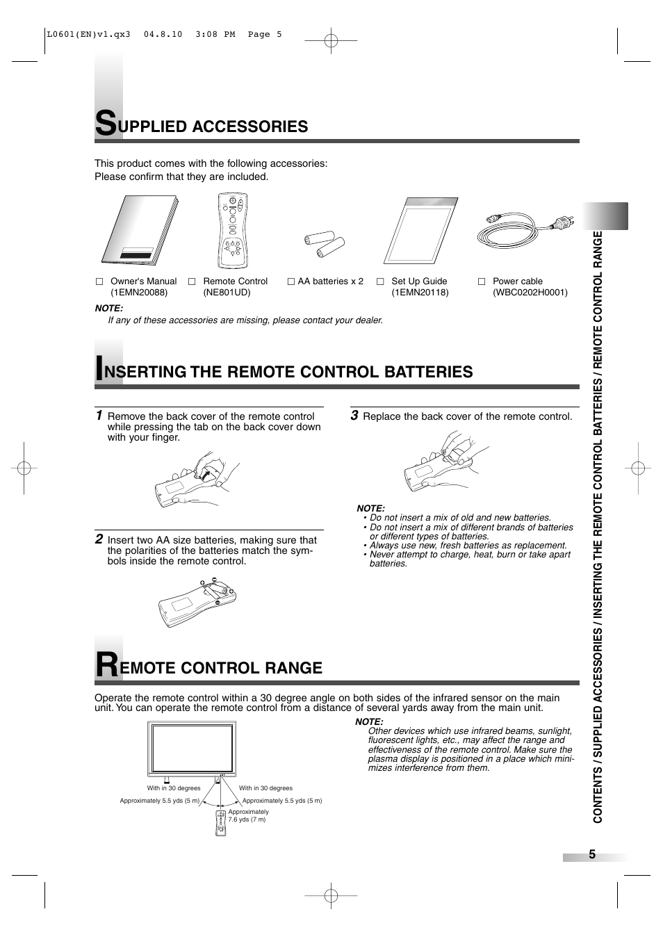 Upplied accessories, Nserting the remote control batteries, Emote control range | FUNAI 6842PE User Manual | Page 5 / 28