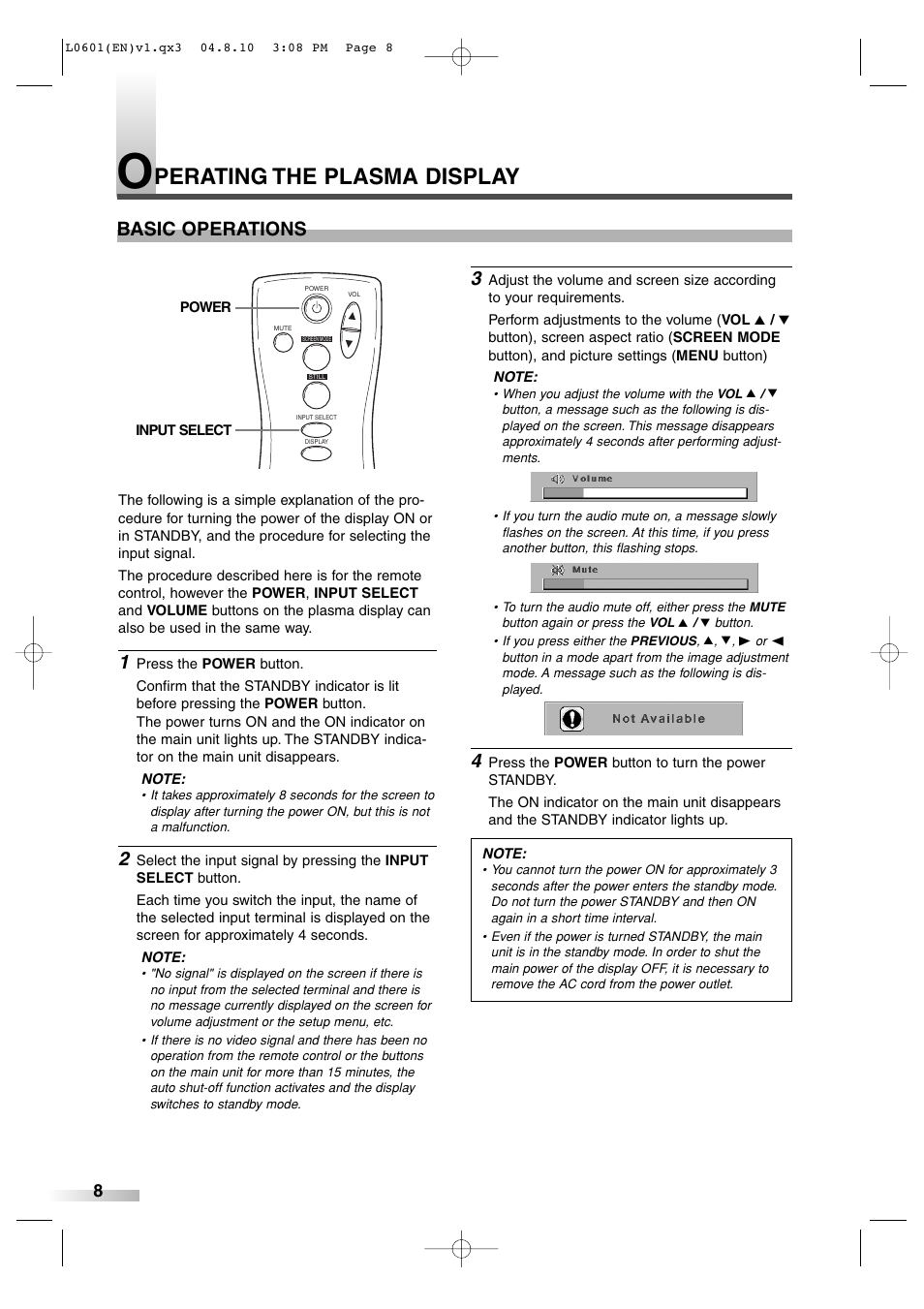 Perating the plasma display, Basic operations | FUNAI 6842PE User Manual | Page 8 / 28