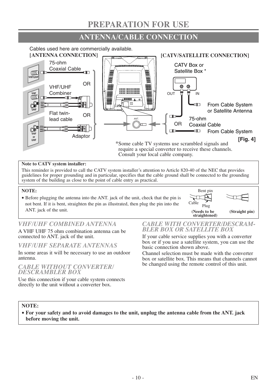 Preparation for use, Antenna/cable connection, Vhf/uhf combined antenna | Vhf/uhf separate antennas, Cable without converter/ descrambler box | FUNAI MSD520FF User Manual | Page 10 / 40