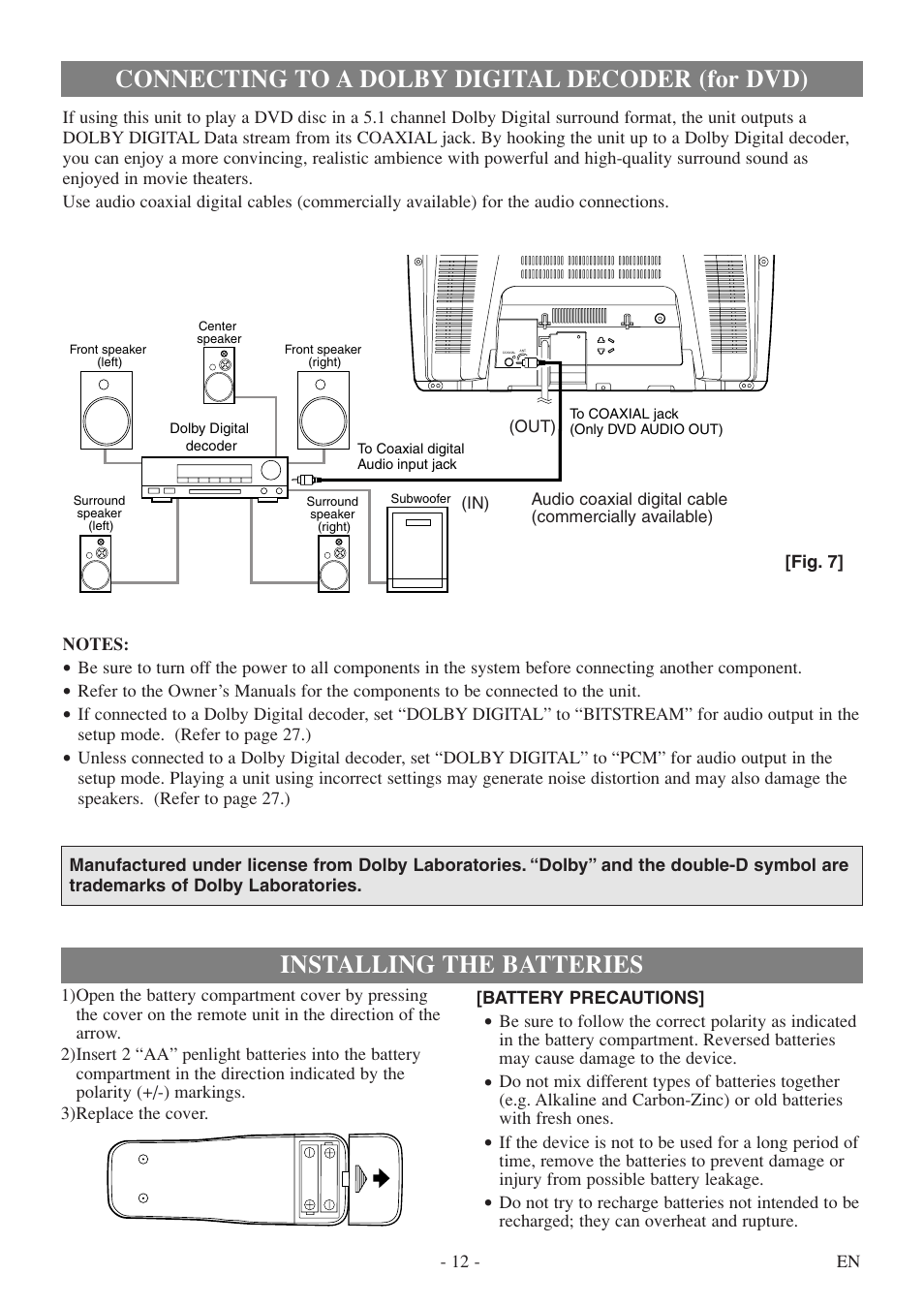 Connecting to a dolby digital decoder (for dvd), Installing the batteries | FUNAI MSD520FF User Manual | Page 12 / 40