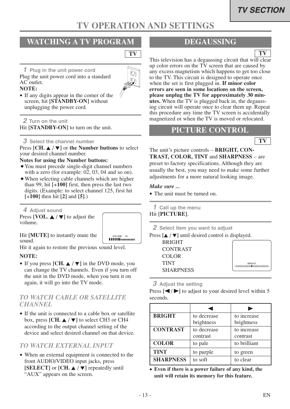 Tv operation and settings, Degaussing, Watching a tv program | Picture control | FUNAI MSD520FF User Manual | Page 13 / 40