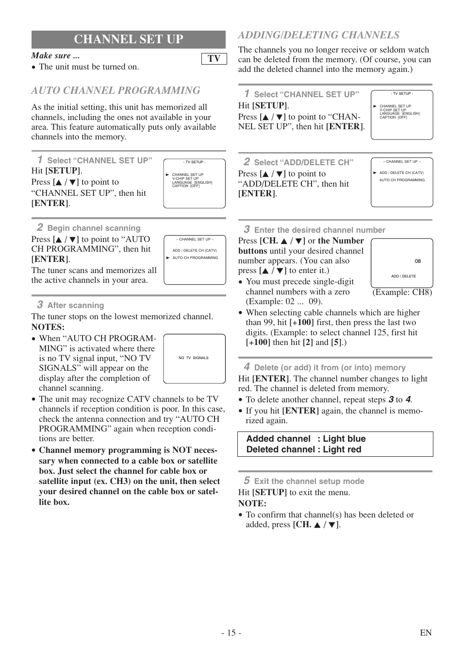 Channel set up, Adding/deleting channels, Auto channel programming | FUNAI MSD520FF User Manual | Page 15 / 40