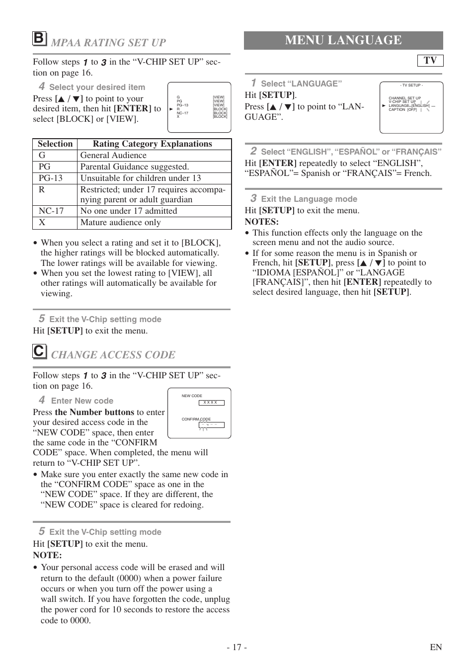 Menu language, Change access code, Mpaa rating set up | FUNAI MSD520FF User Manual | Page 17 / 40