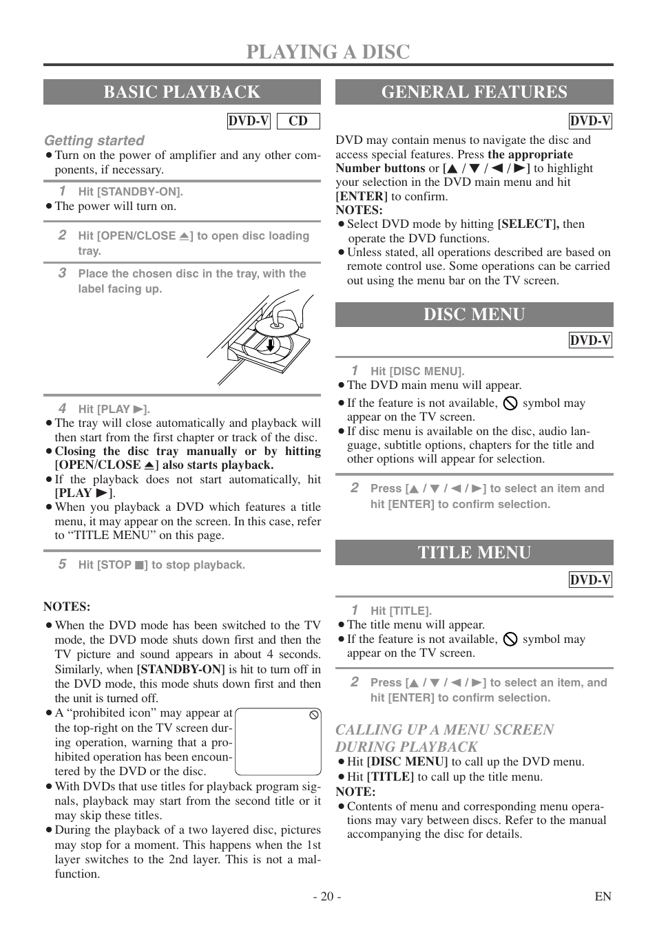 Playing a disc, Basic playback, General features | Title menu, Disc menu, Calling up a menu screen during playback | FUNAI MSD520FF User Manual | Page 20 / 40