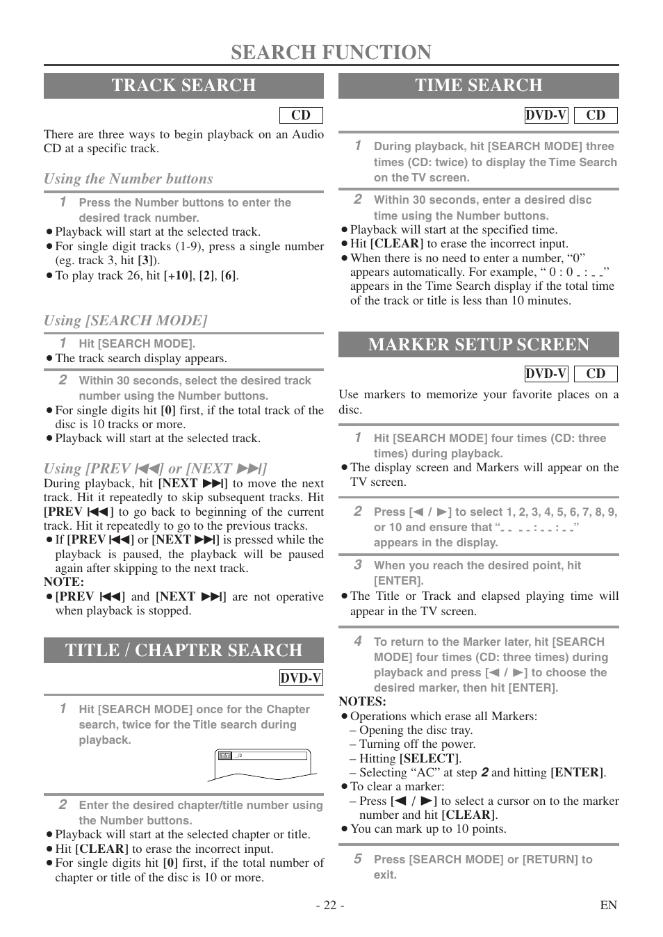 Search function, Track search, Title / chapter search | Time search, Marker setup screen, Using the number buttons, Using [search mode, Using [prev h ] or [next g | FUNAI MSD520FF User Manual | Page 22 / 40