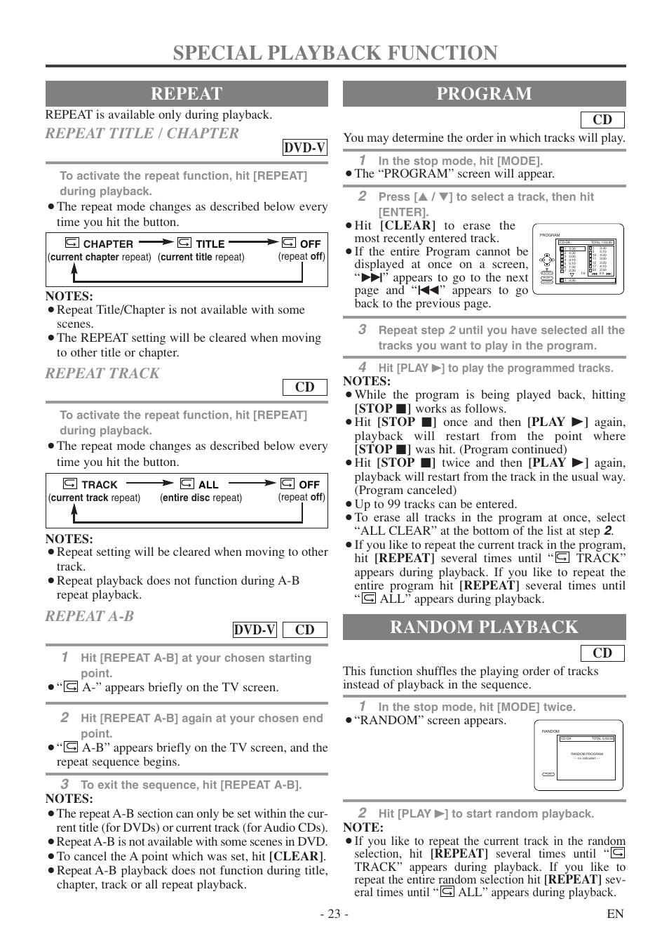 Special playback function, Repeat, Program | Random playback, Repeat title / chapter, Repeat track, Repeat a-b, Dvd-v, Cd dvd-v | FUNAI MSD520FF User Manual | Page 23 / 40