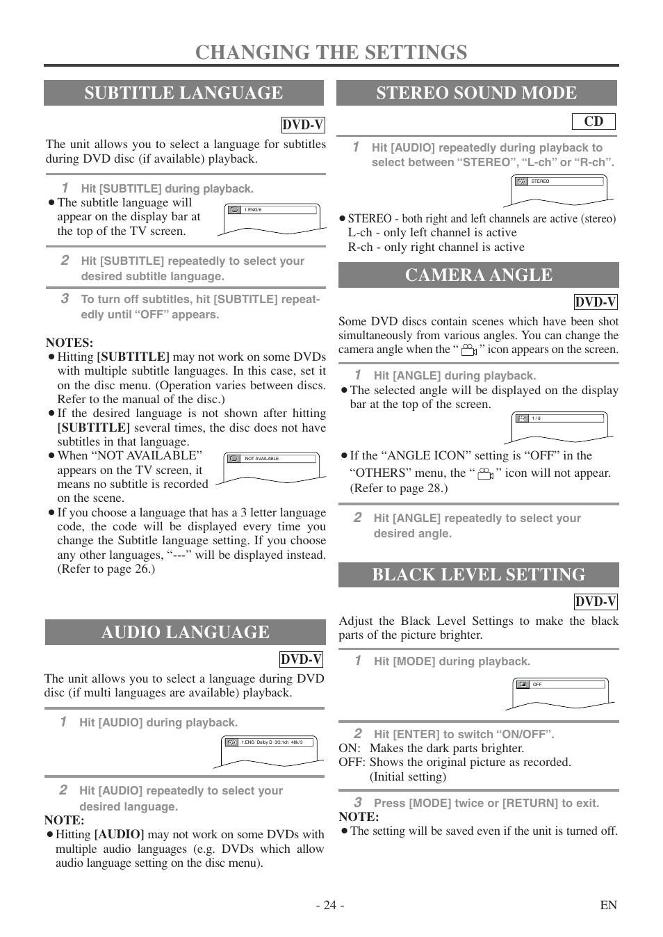 Changing the settings, Audio language, Stereo sound mode | Subtitle language camera angle, Black level setting | FUNAI MSD520FF User Manual | Page 24 / 40