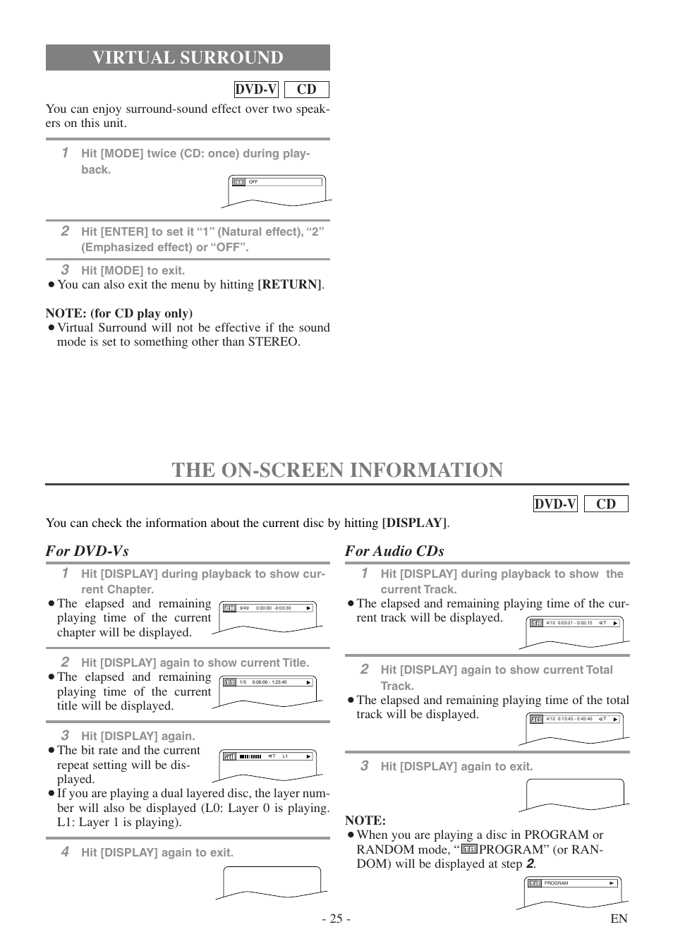 The on-screen information, Virtual surround, For dvd-vs | For audio cds, Cd dvd-v | FUNAI MSD520FF User Manual | Page 25 / 40