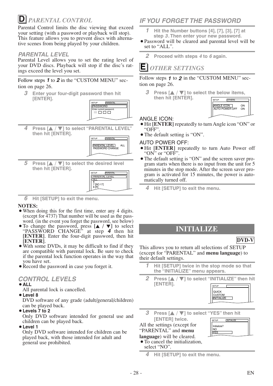 Initialize, Control levels, Parental control | If you forget the password, Other settings, Parental level, Dvd-v | FUNAI MSD520FF User Manual | Page 28 / 40