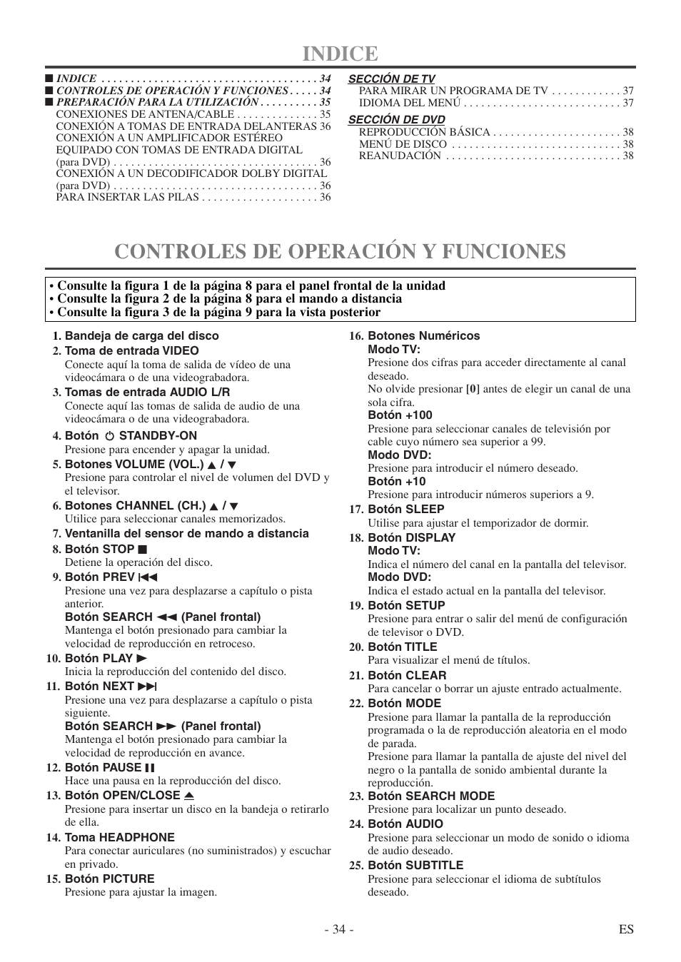 Indice, Controles de operación y funciones | FUNAI MSD520FF User Manual | Page 34 / 40