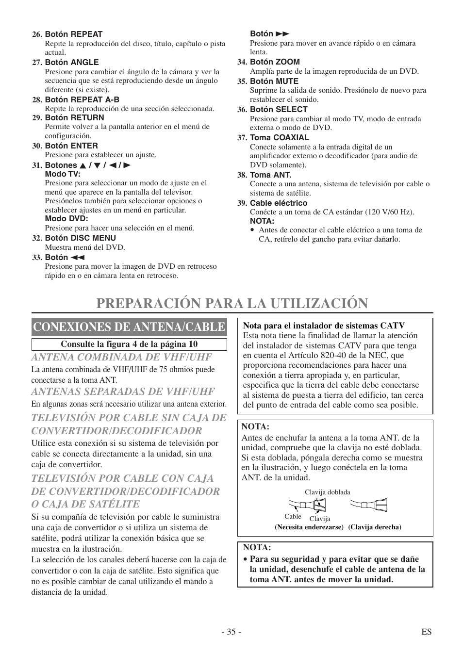 Preparación para la utilización, Conexiones de antena/cable, Antena combinada de vhf/uhf | Antenas separadas de vhf/uhf | FUNAI MSD520FF User Manual | Page 35 / 40