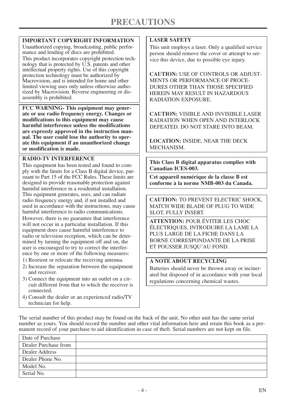 Precautions | FUNAI MSD520FF User Manual | Page 4 / 40