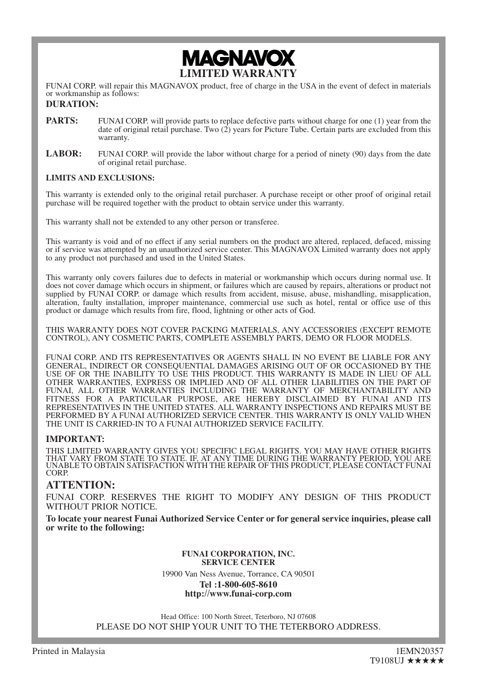 Limited warranty, Attention | FUNAI MSD520FF User Manual | Page 40 / 40