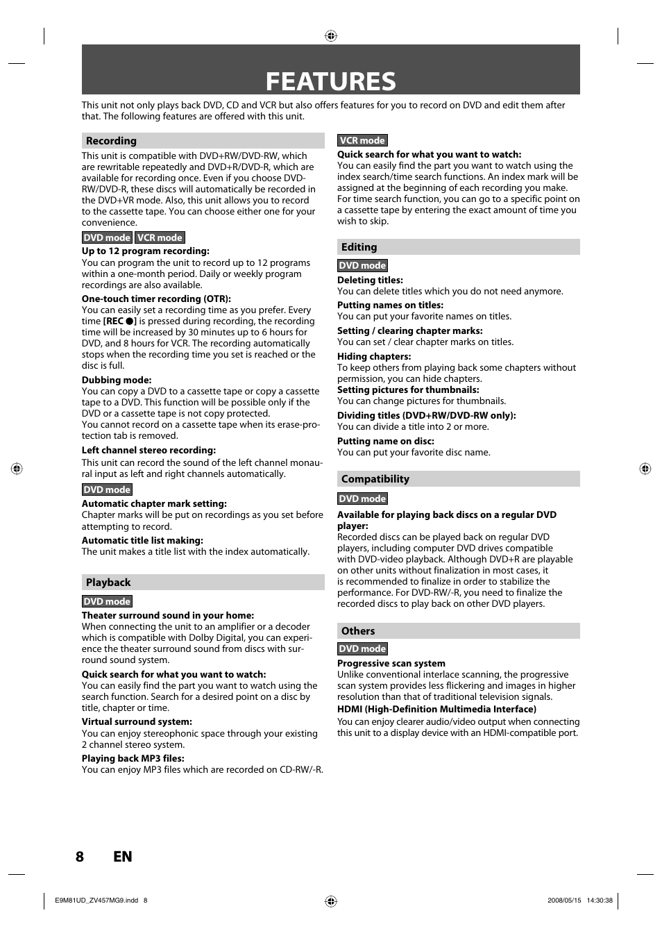 Features, 8en 8 en | FUNAI ZV457MG9 User Manual | Page 10 / 110