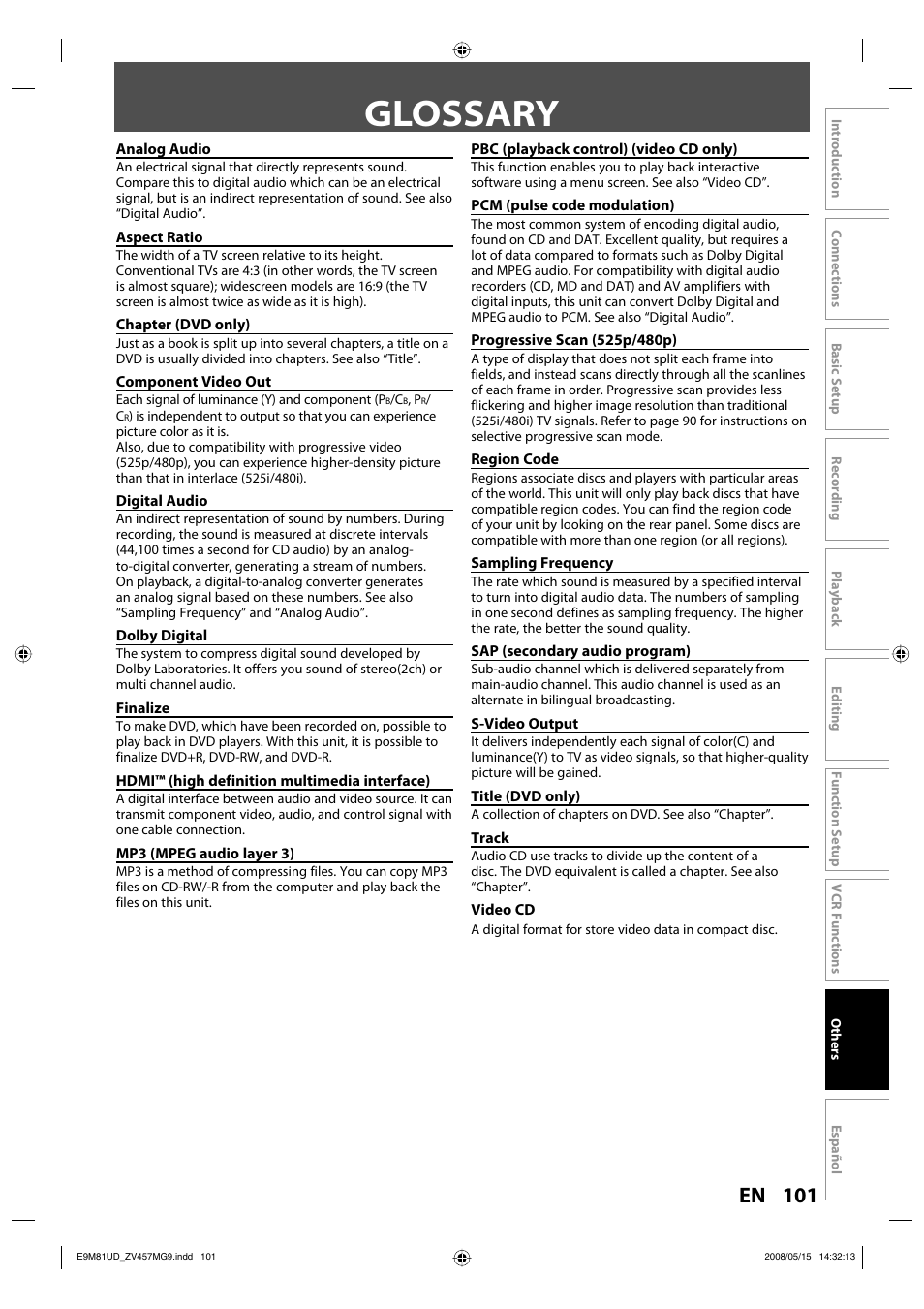 Glossary, 101 en | FUNAI ZV457MG9 User Manual | Page 103 / 110