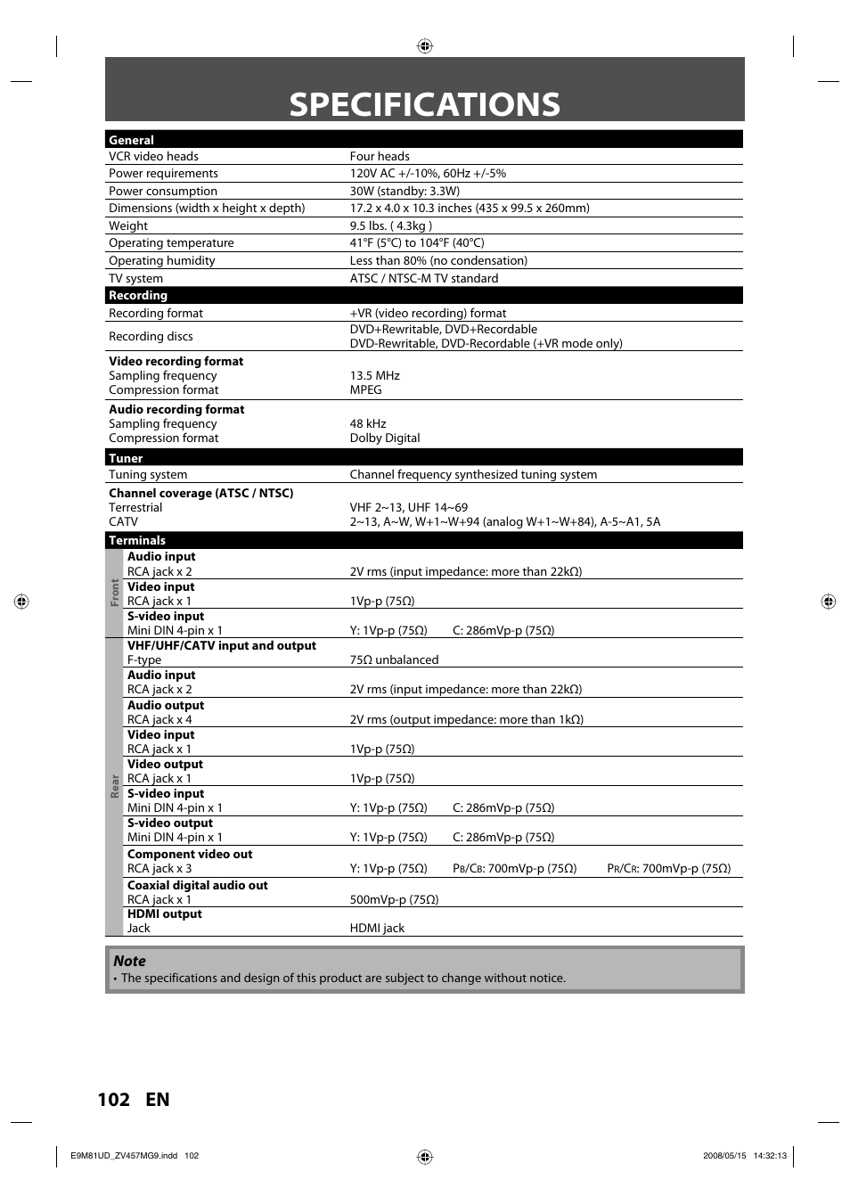 Specifications, 102 en | FUNAI ZV457MG9 User Manual | Page 104 / 110