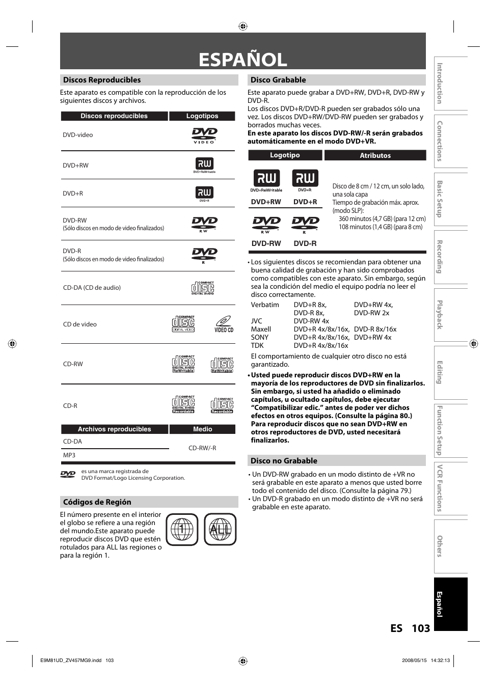 Español, 103 es | FUNAI ZV457MG9 User Manual | Page 105 / 110