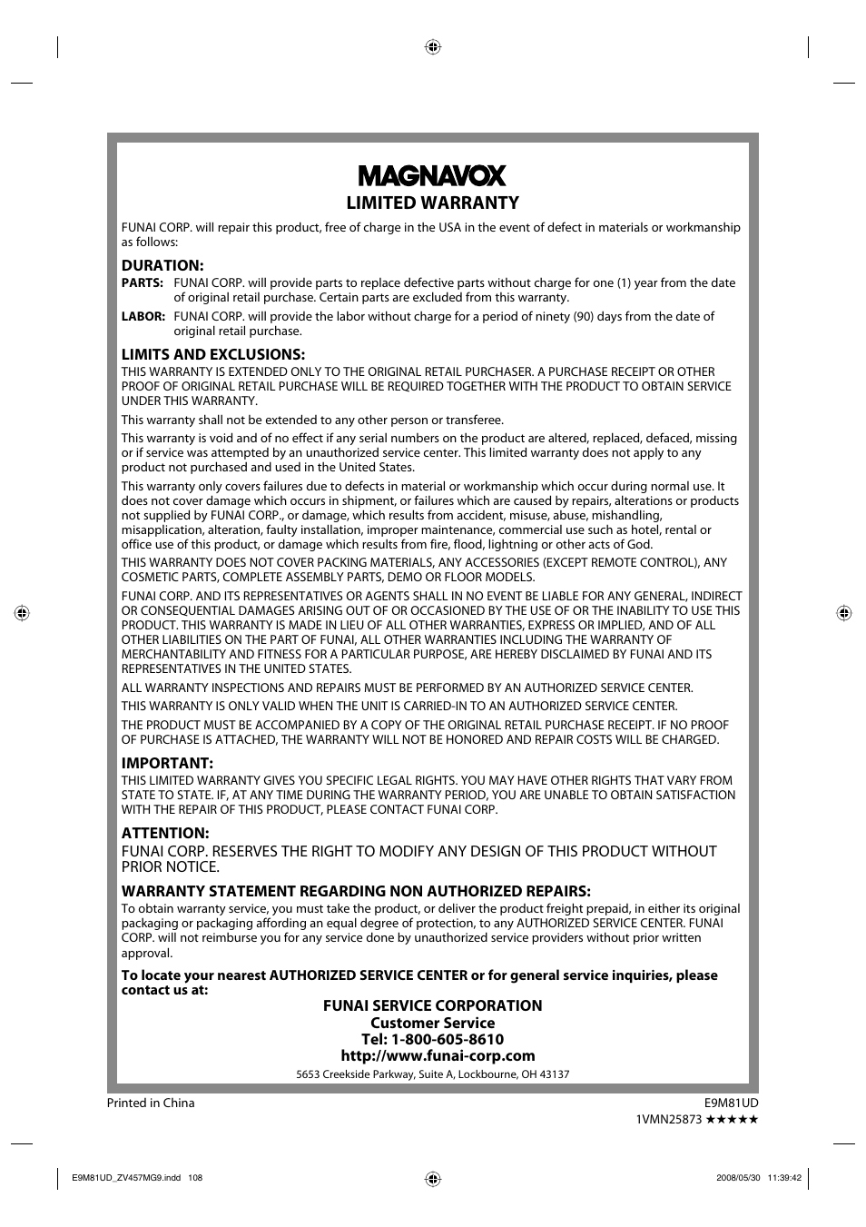 Limited warranty | FUNAI ZV457MG9 User Manual | Page 110 / 110