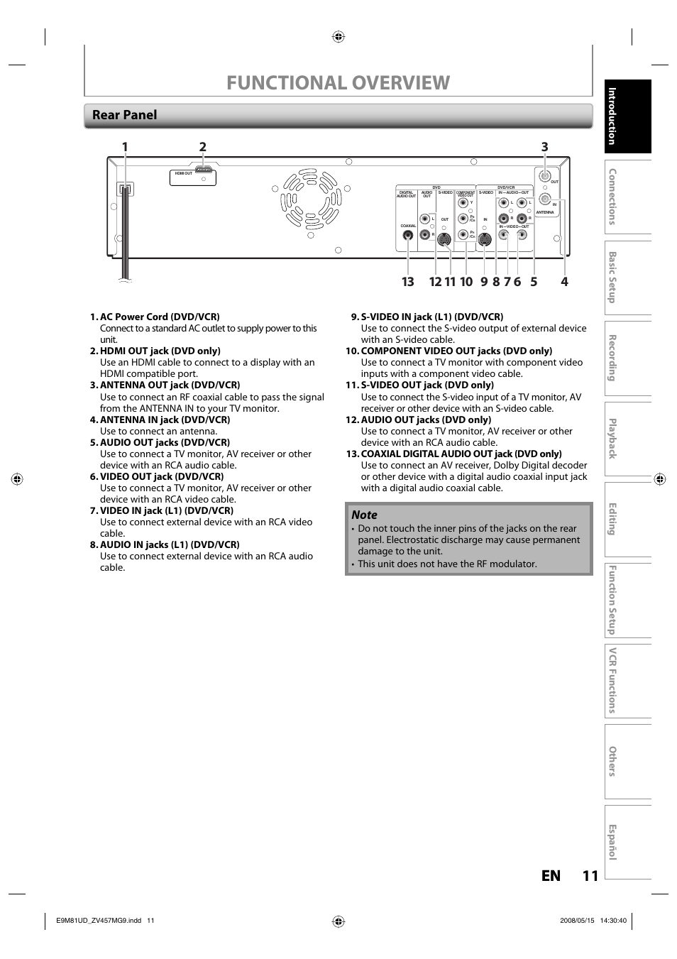 Functional overview, 11 en 11 en | FUNAI ZV457MG9 User Manual | Page 13 / 110