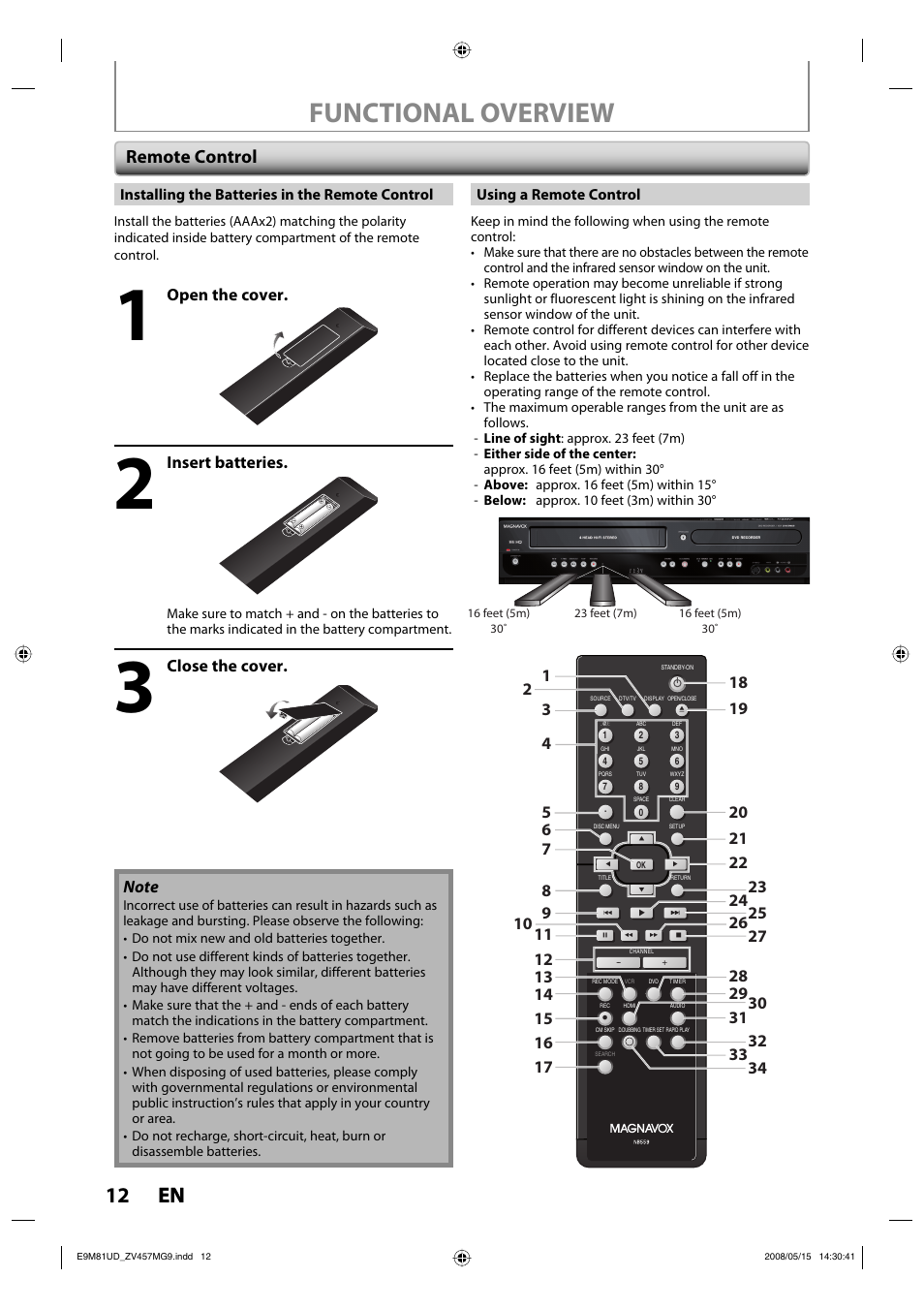 Functional overview, 12 en 12 en, Remote control | Open the cover, Insert batteries, Close the cover | FUNAI ZV457MG9 User Manual | Page 14 / 110