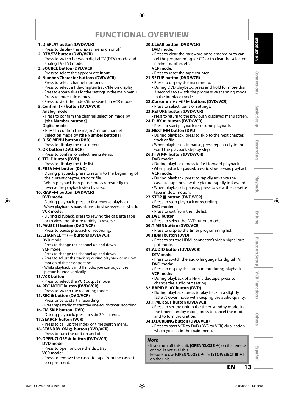Functional overview, 13 en 13 en | FUNAI ZV457MG9 User Manual | Page 15 / 110