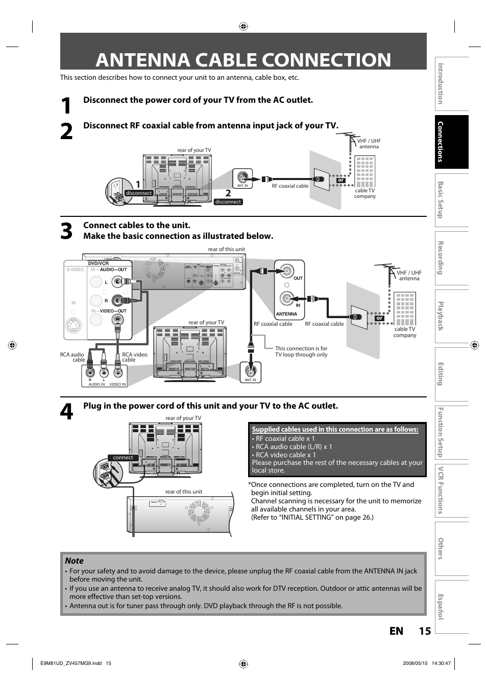Antenna cable connection, 15 en 15 en | FUNAI ZV457MG9 User Manual | Page 17 / 110