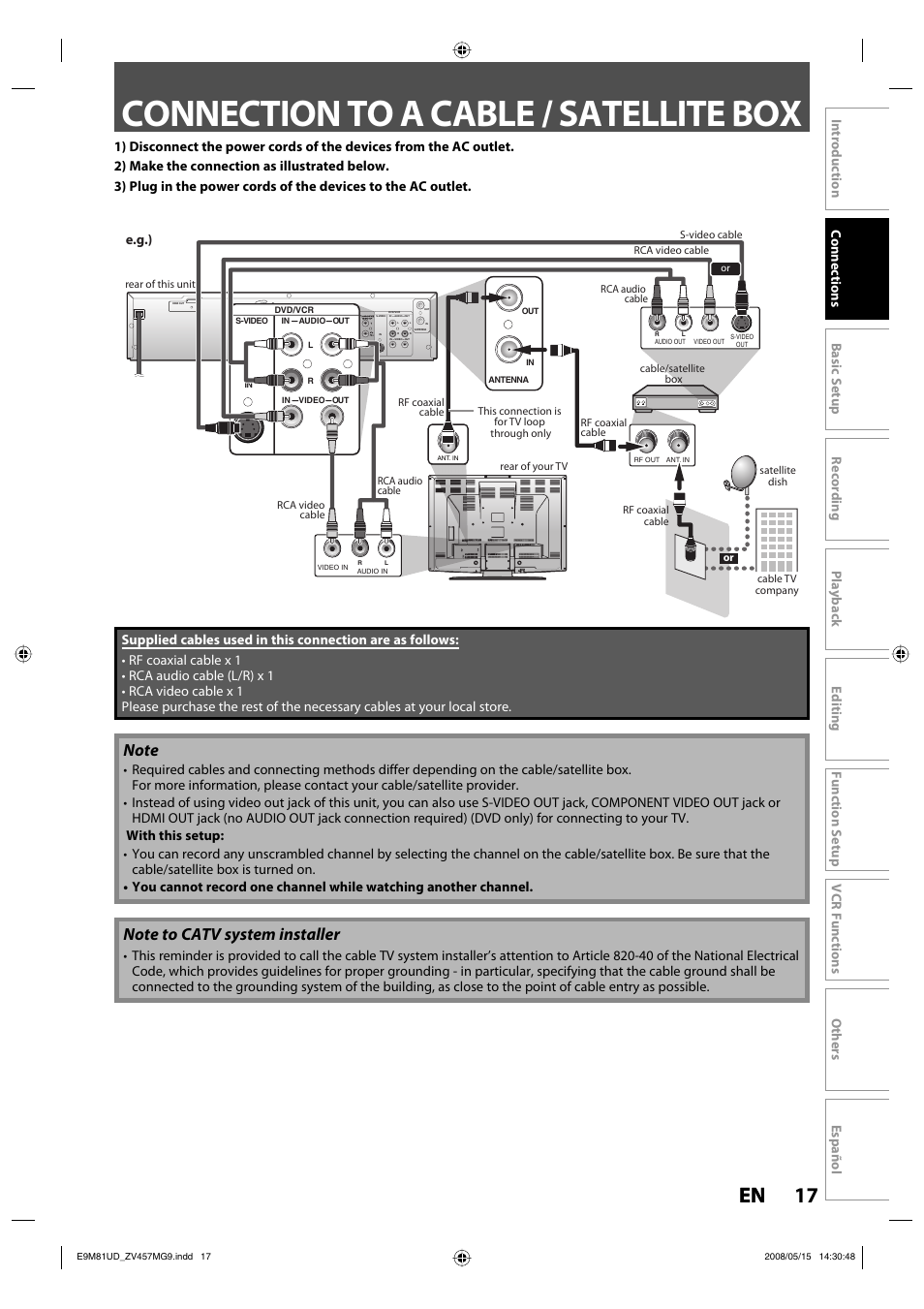 Connection to a cable / satellite box, 17 en 17 en, E.g.) | FUNAI ZV457MG9 User Manual | Page 19 / 110