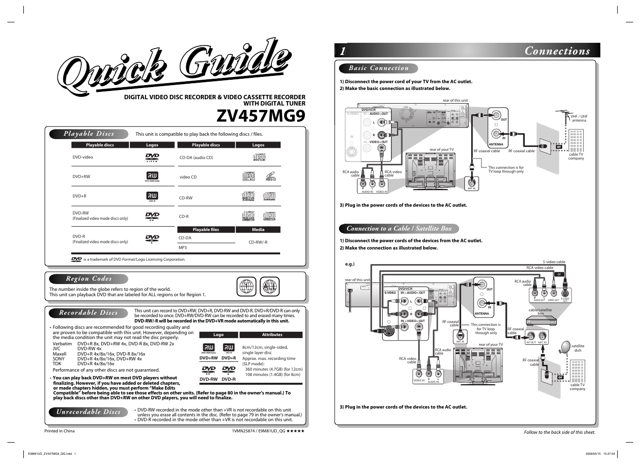 Zv457mg9, 1connections, Follow to the back side of this sheet | E.g.) | FUNAI ZV457MG9 User Manual | Page 2 / 110