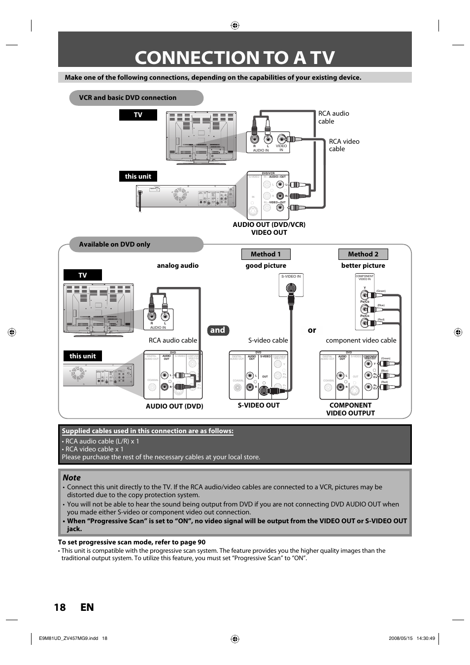 Connection to a tv, 18 en 18 en | FUNAI ZV457MG9 User Manual | Page 20 / 110