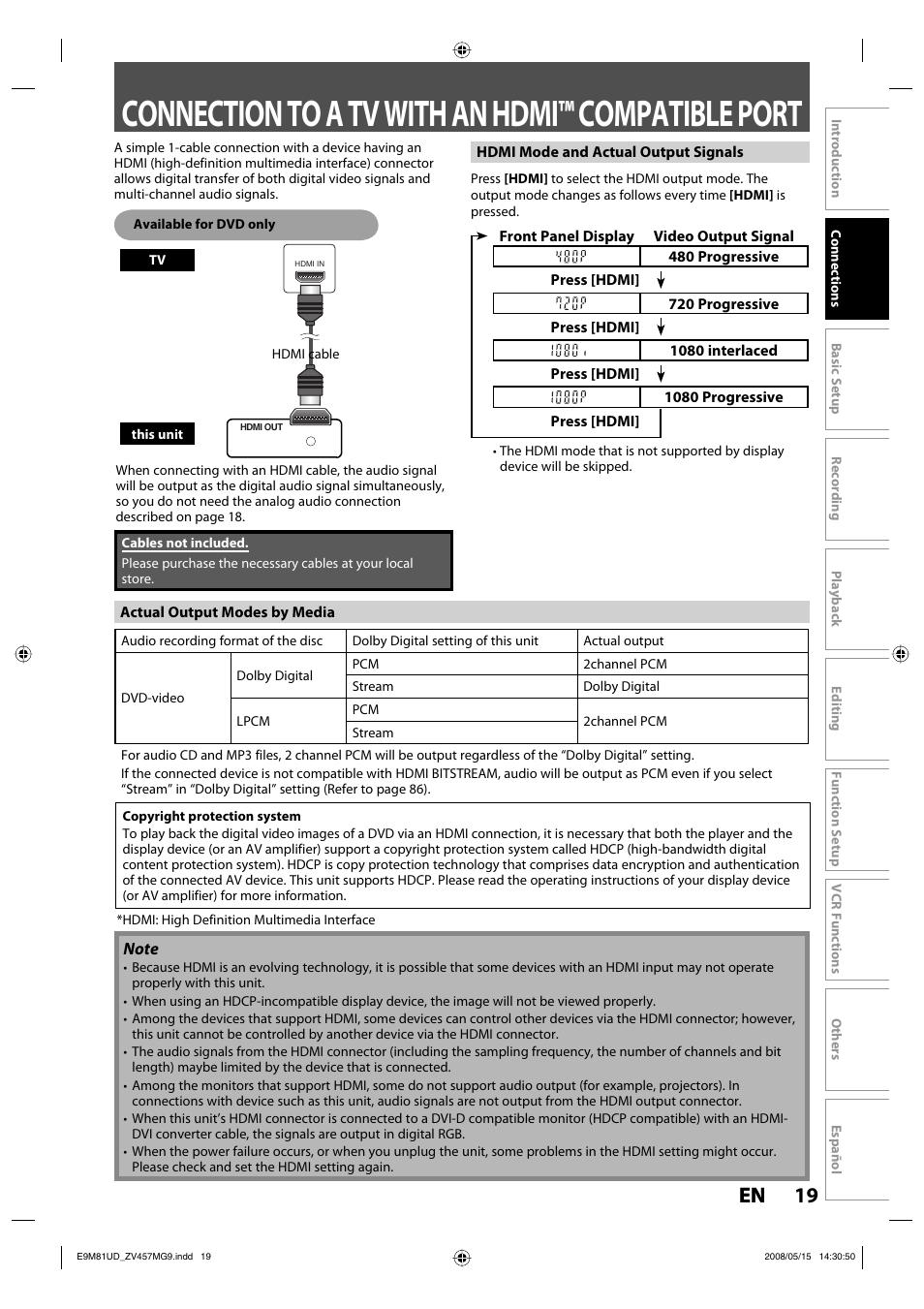 Connection to a tv with an hdmi™ compatible port, 19 en 19 en | FUNAI ZV457MG9 User Manual | Page 21 / 110