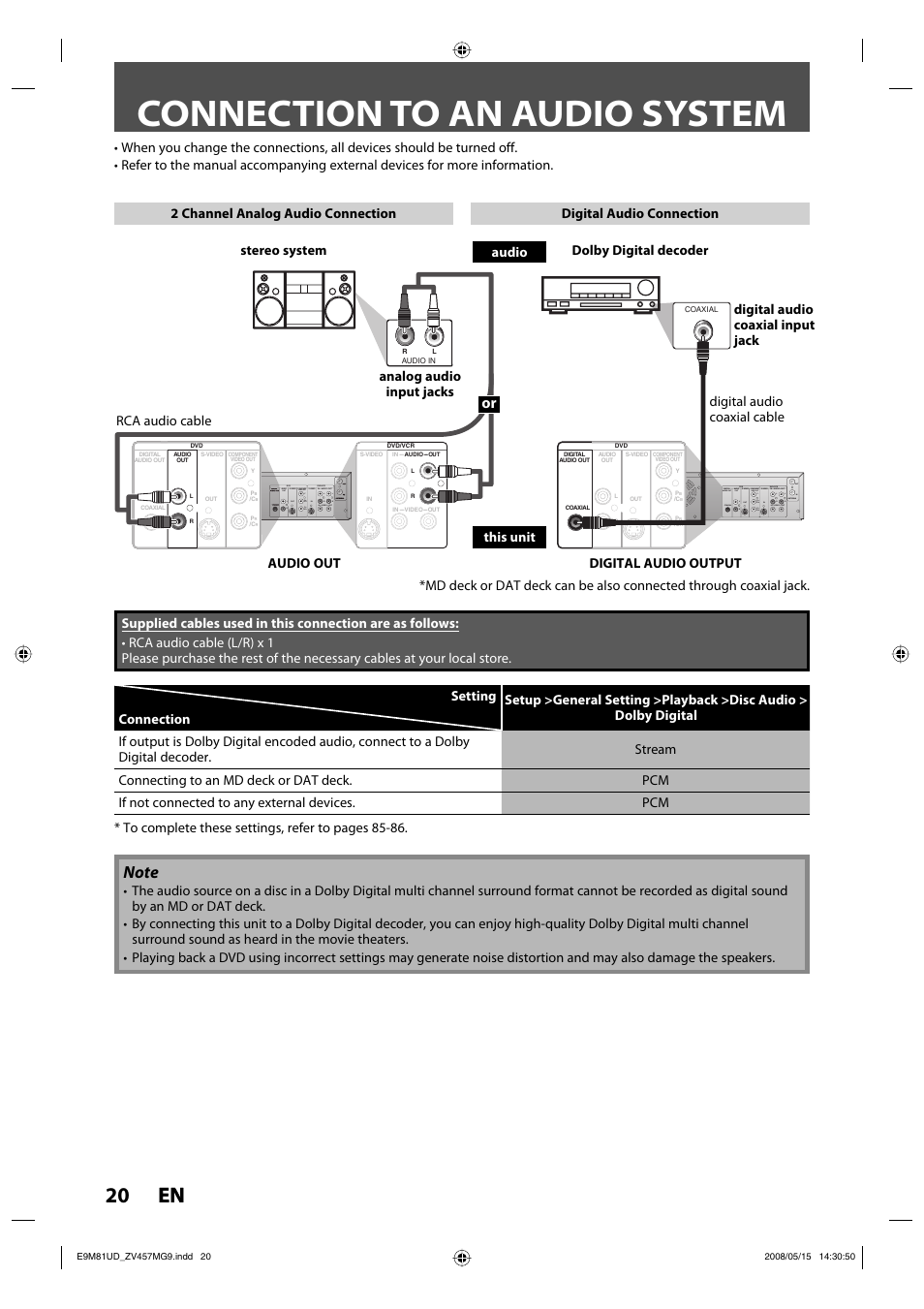 Connection to an audio system, 20 en 20 en | FUNAI ZV457MG9 User Manual | Page 22 / 110