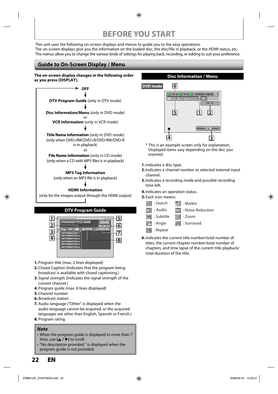 Before you start, 22 en 22 en, Guide to on-screen display / menu | FUNAI ZV457MG9 User Manual | Page 24 / 110