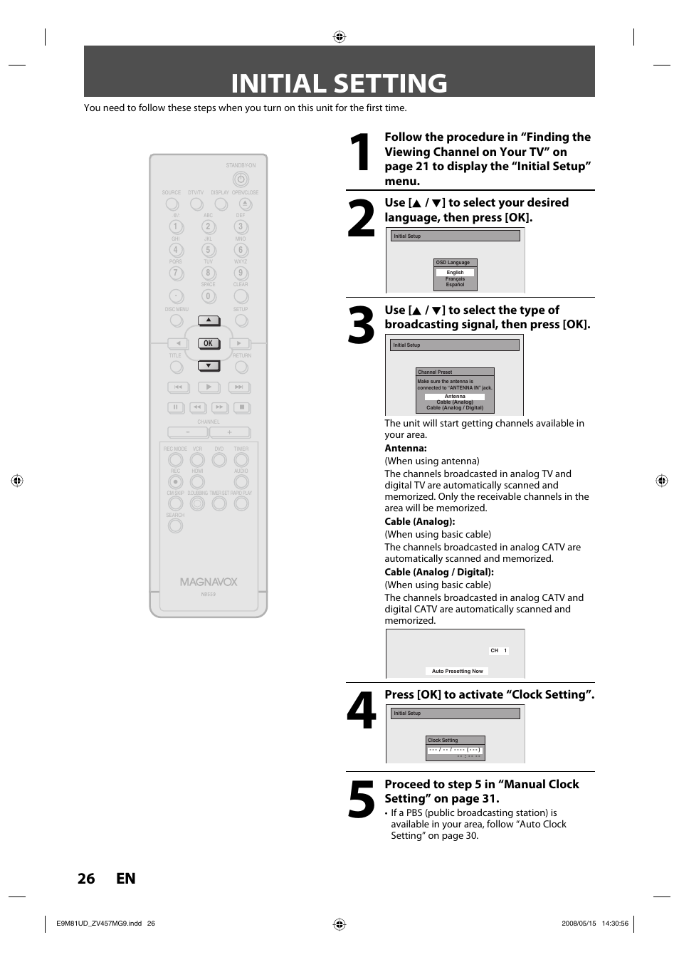 Initial setting, 26 en 26 en, Press [ok] to activate “clock setting | FUNAI ZV457MG9 User Manual | Page 28 / 110