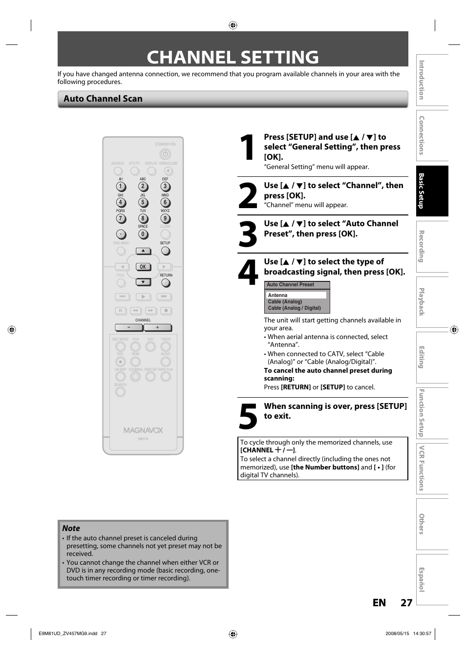 Channel setting, 27 en 27 en, Auto channel scan | FUNAI ZV457MG9 User Manual | Page 29 / 110