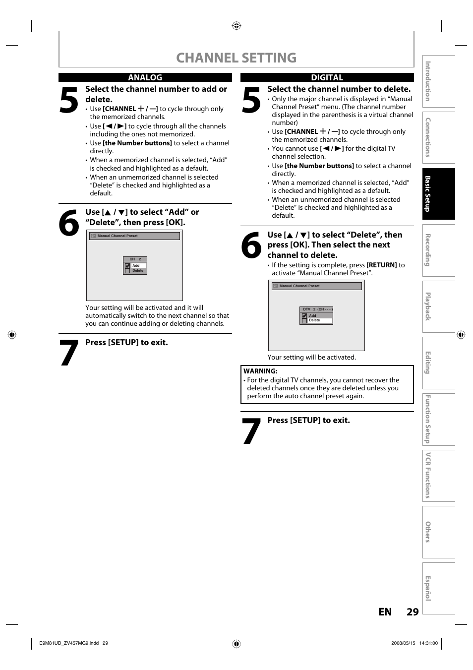 Channel setting | FUNAI ZV457MG9 User Manual | Page 31 / 110