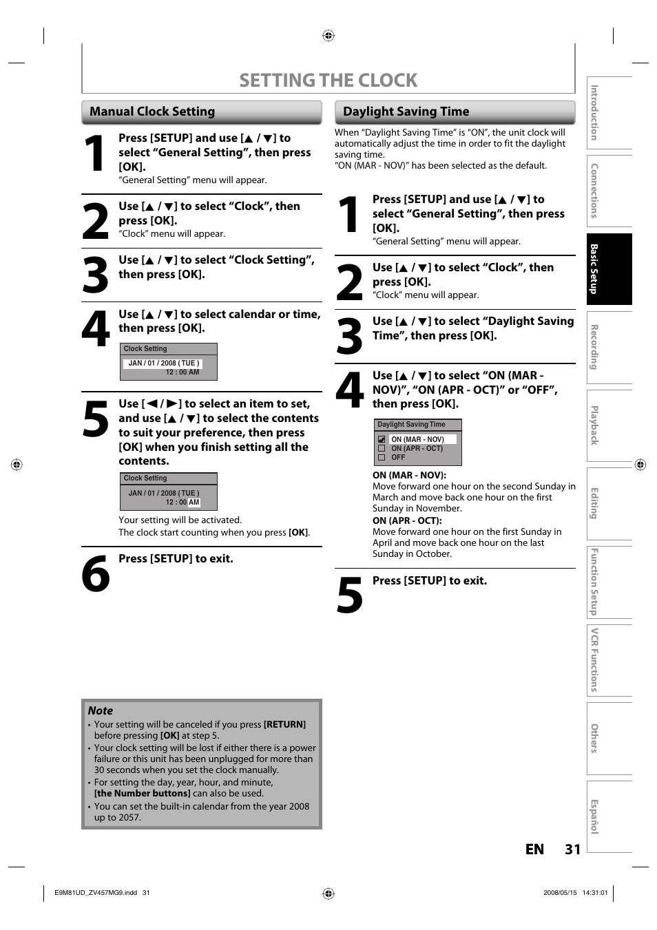 Setting the clock | FUNAI ZV457MG9 User Manual | Page 33 / 110