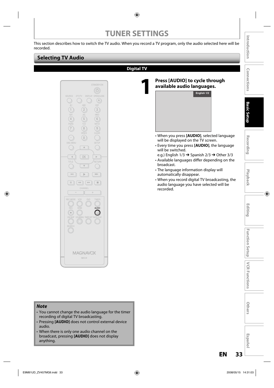 Tuner settings, 33 en 33 en, Selecting tv audio | Digital tv | FUNAI ZV457MG9 User Manual | Page 35 / 110