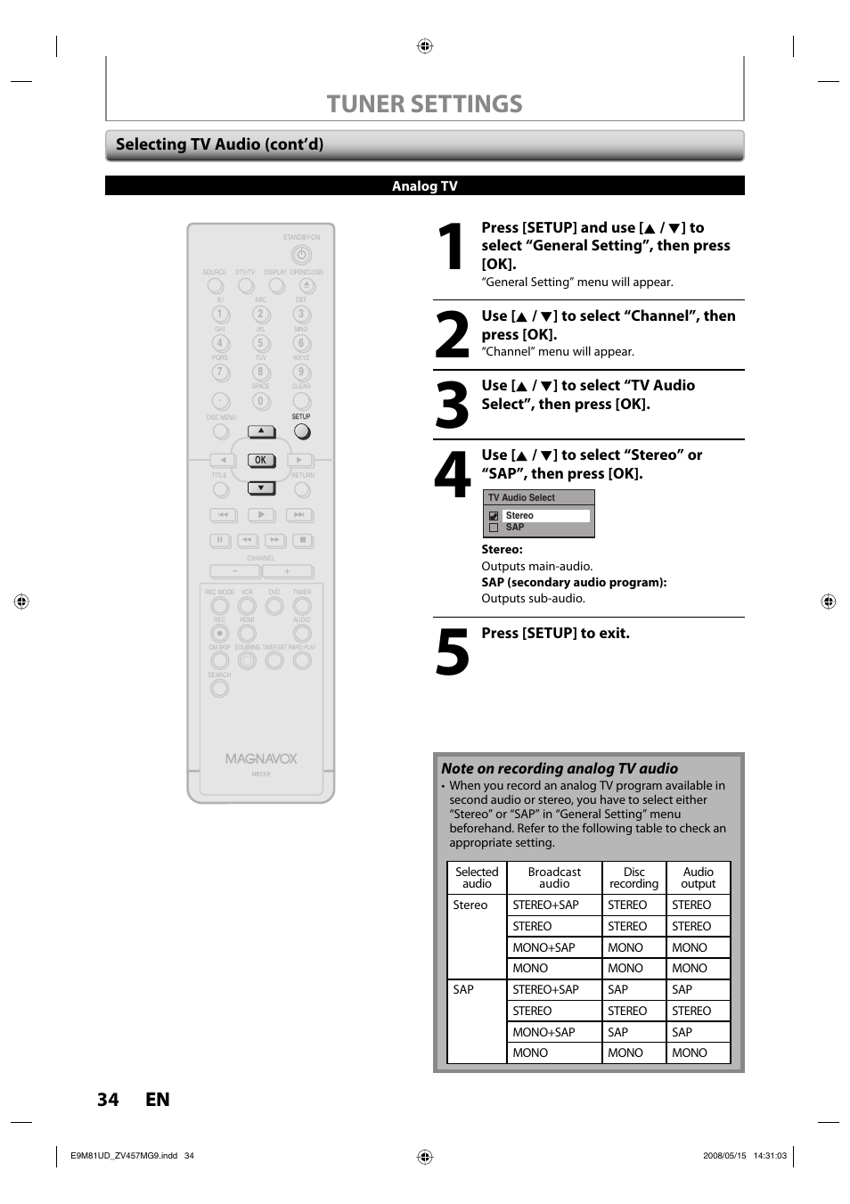 Tuner settings, 34 en 34 en, Selecting tv audio (cont’d) | FUNAI ZV457MG9 User Manual | Page 36 / 110