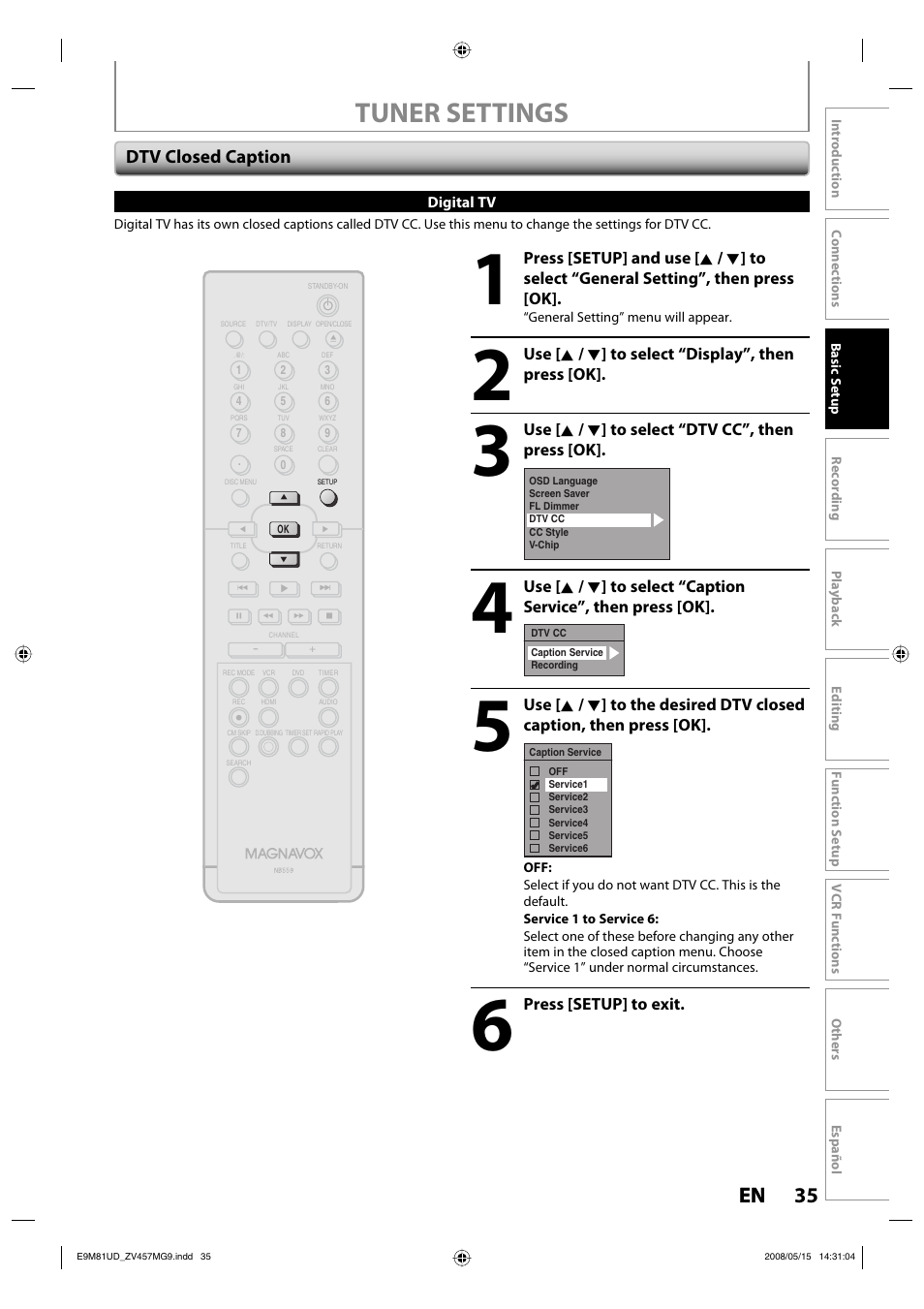 Tuner settings, 35 en 35 en, Dtv closed caption | FUNAI ZV457MG9 User Manual | Page 37 / 110