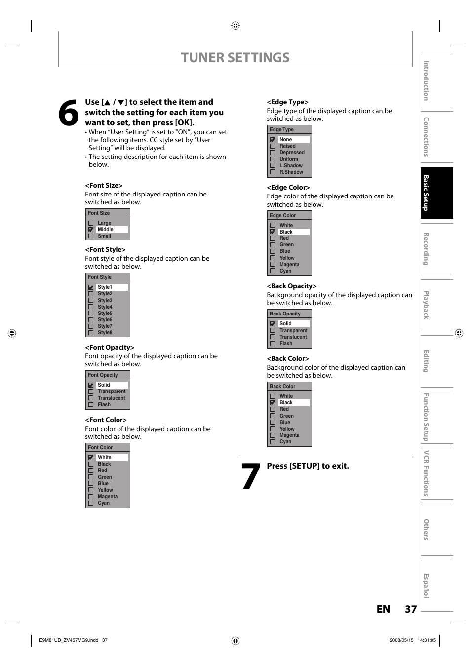 Tuner settings, 37 en 37 en | FUNAI ZV457MG9 User Manual | Page 39 / 110