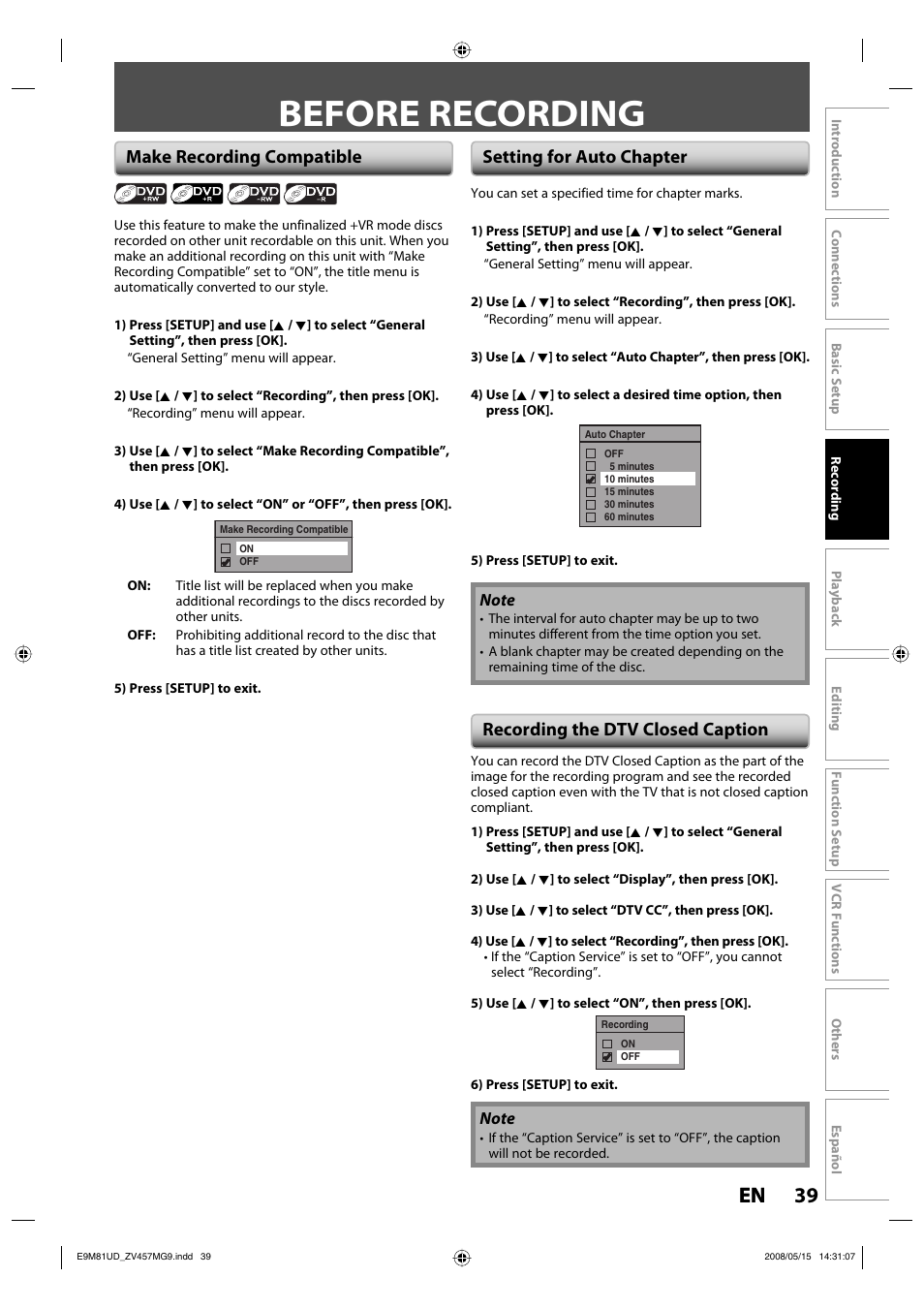 Before recording, 39 en 39 en, Make recording compatible setting for auto chapter | Recording the dtv closed caption | FUNAI ZV457MG9 User Manual | Page 41 / 110