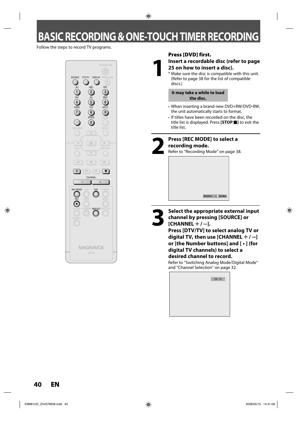 Basic recording & one-touch timer recording, 40 en 40 en, Press [dvd] first | Press [rec mode] to select a recording mode | FUNAI ZV457MG9 User Manual | Page 42 / 110