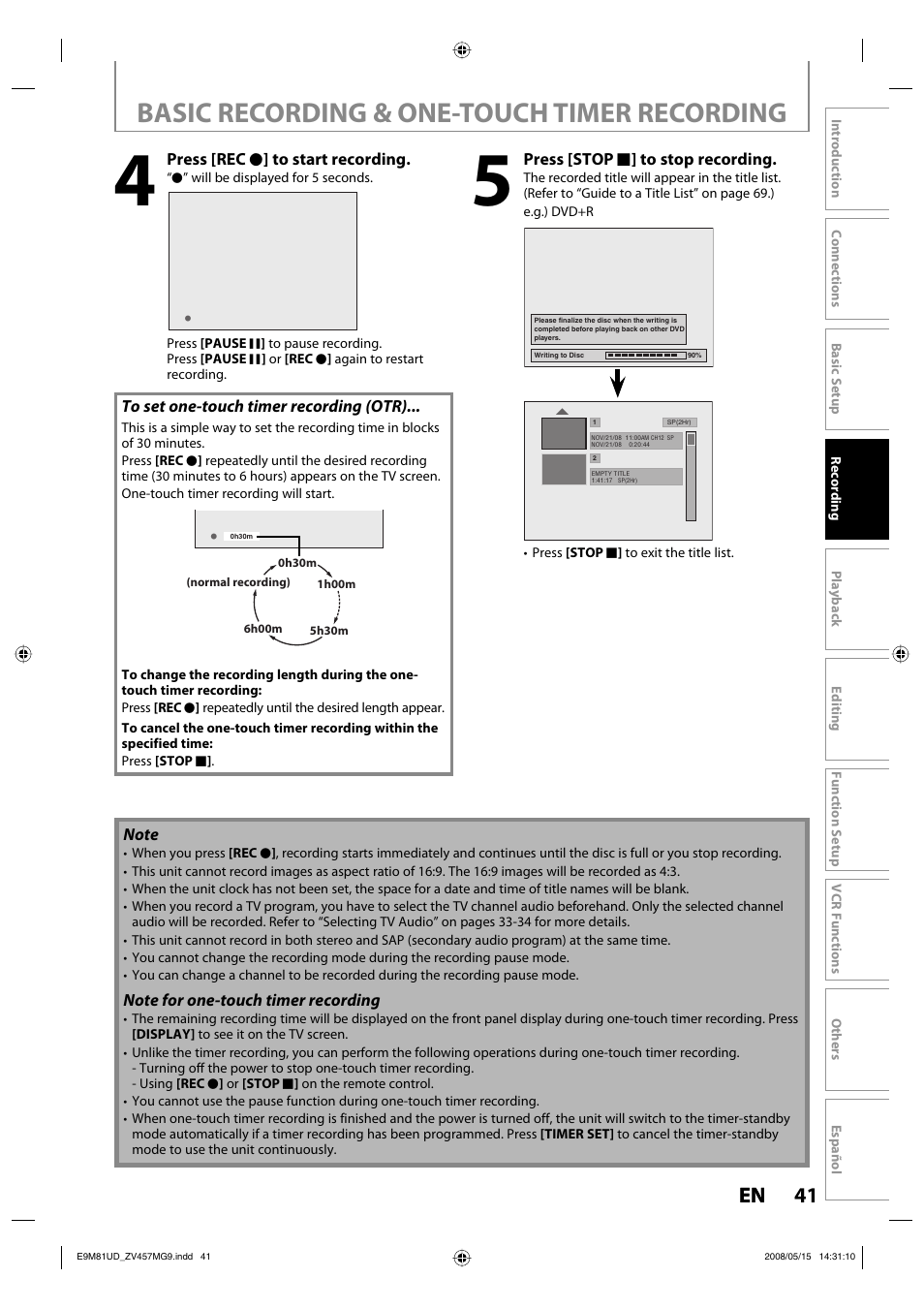 Basic recording & one-touch timer recording, 41 en 41 en | FUNAI ZV457MG9 User Manual | Page 43 / 110