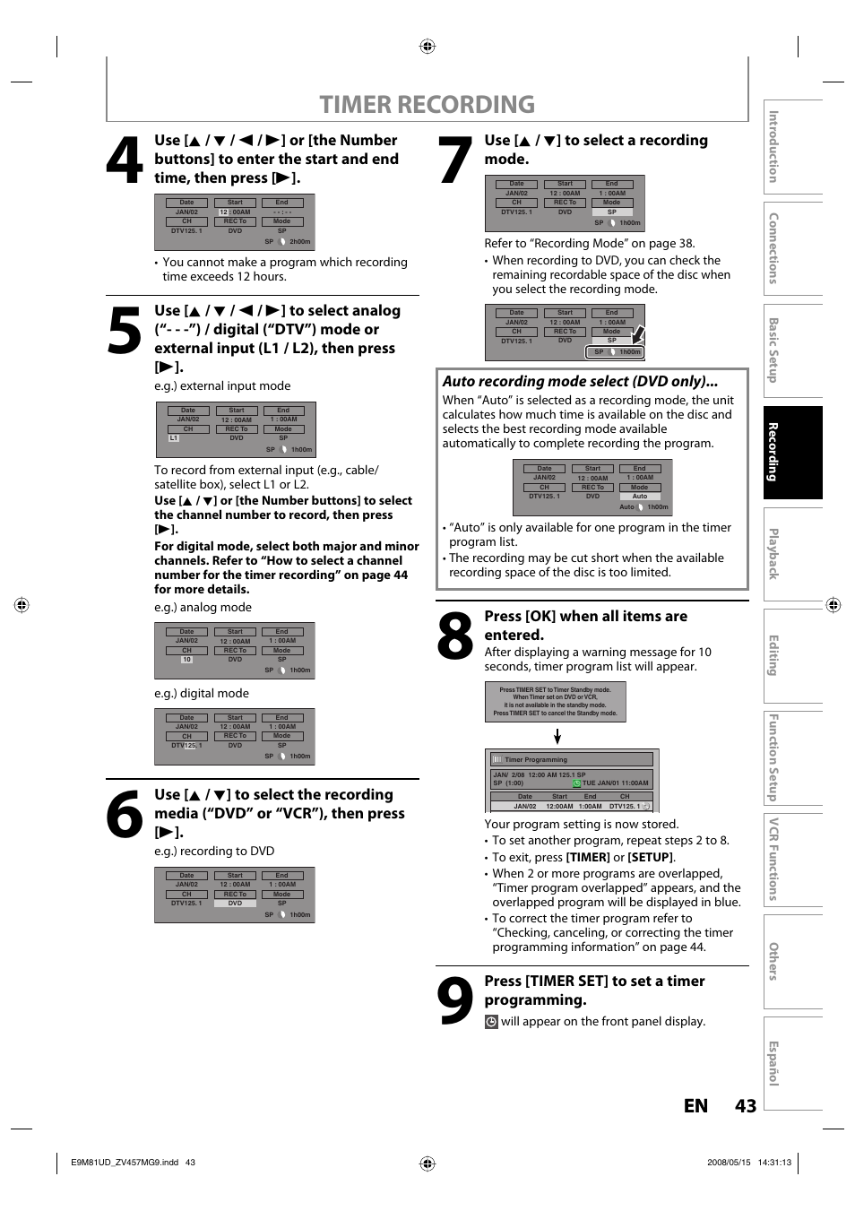 Timer recording, 43 en 43 en, Use [ k / l ] to select a recording mode | Auto recording mode select (dvd only), Press [ok] when all items are entered, Press [timer set] to set a timer programming | FUNAI ZV457MG9 User Manual | Page 45 / 110