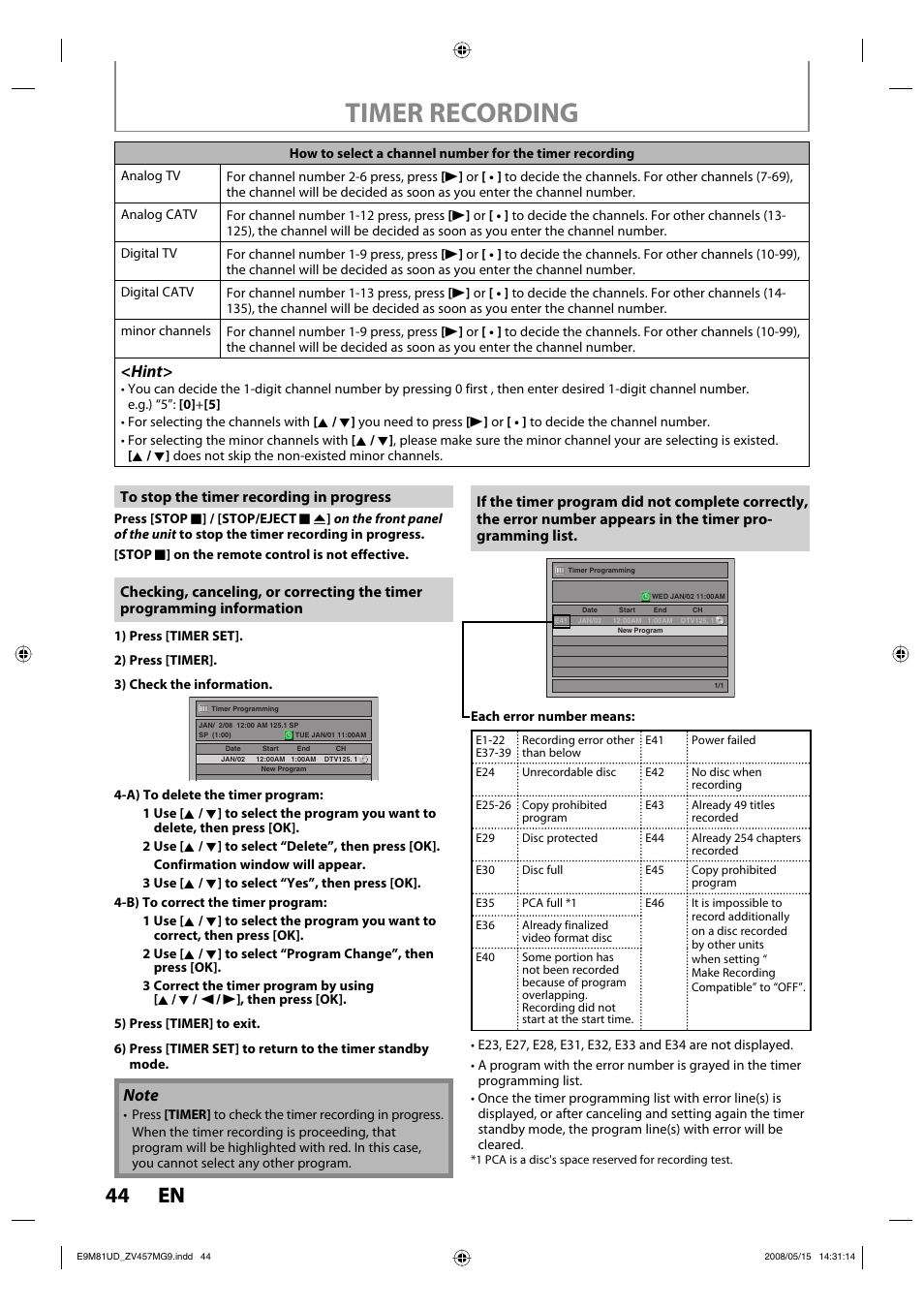 Timer recording, 44 en 44 en, Hint | FUNAI ZV457MG9 User Manual | Page 46 / 110